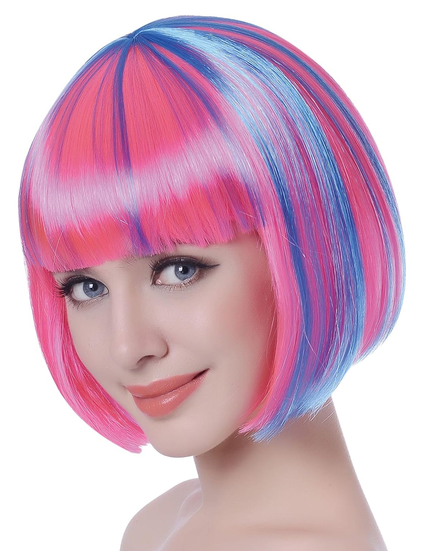 Perruque courte méchée multicolore pour femme rose et bleue avec frange