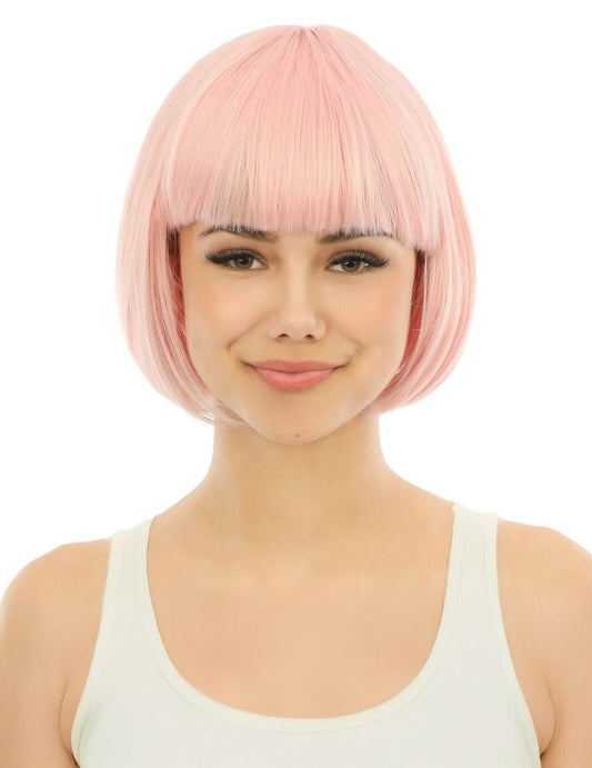 Vue de face de la perruque courte luxe pour adulte rose pastel