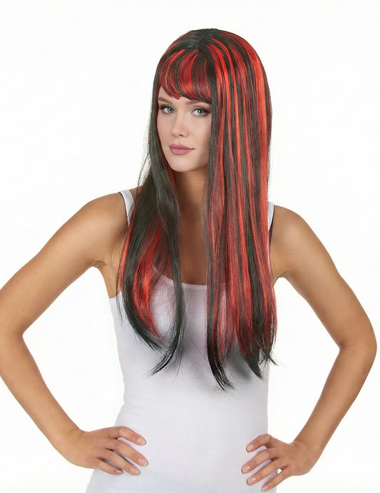 Vue de face de la perruque longue noire avec frange pour femme balayage rouge
