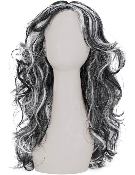 Vue de face de la perruque noire avec mèches blanches pour femme