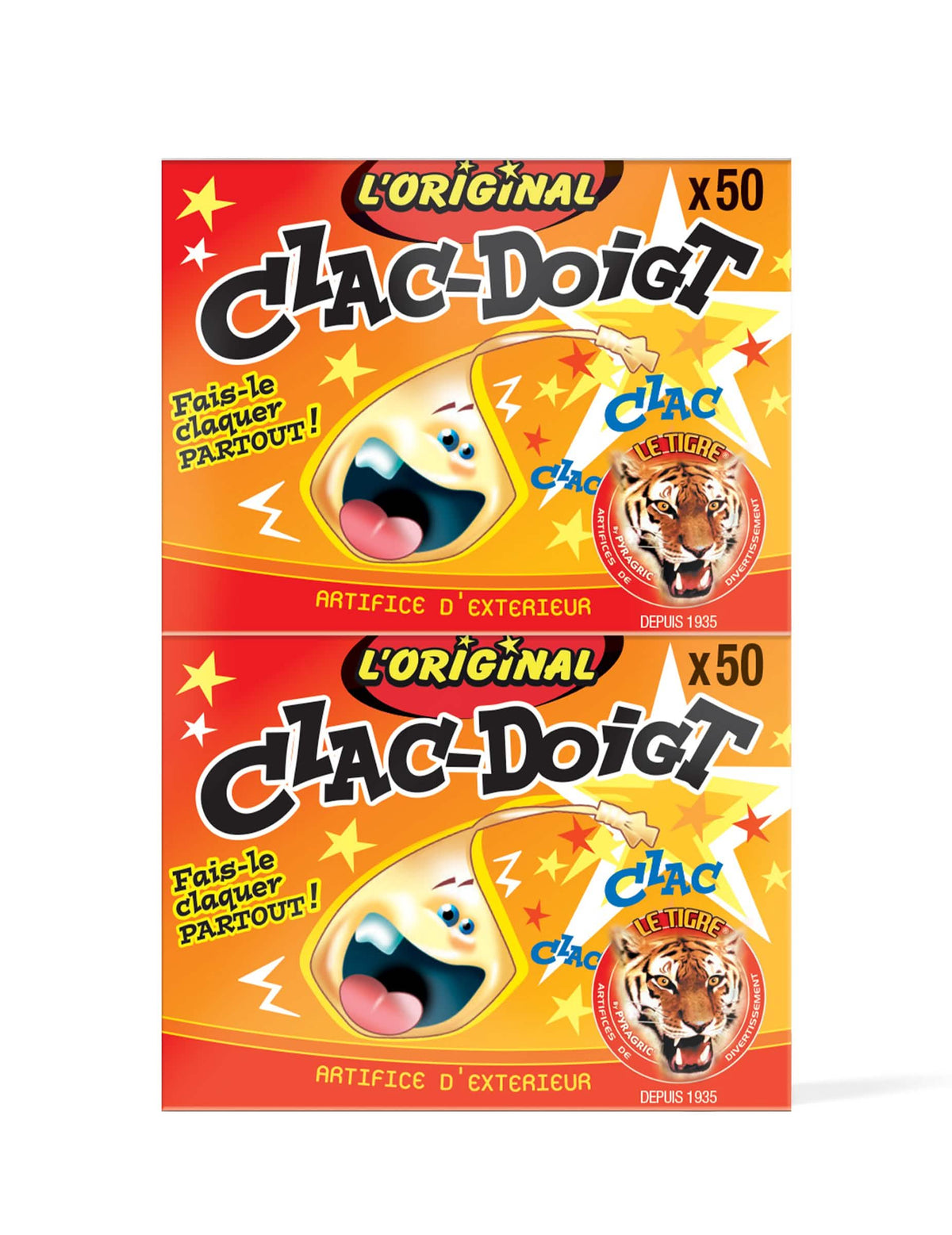 Pétard Clac Doigt Le Tigre pour fête orange et rouge sachet de 2 boîtes