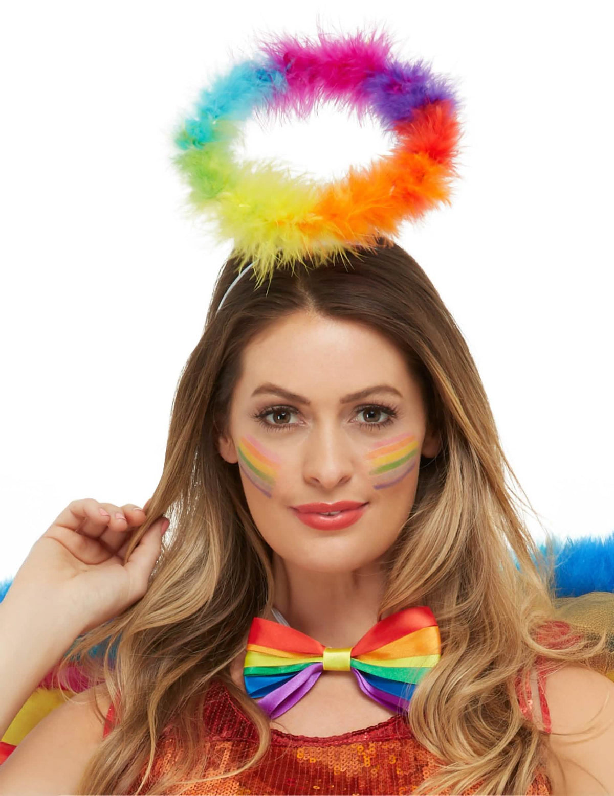 Serre-tête auréole ange pour adulte multicolore arc-en-ciel en plumes