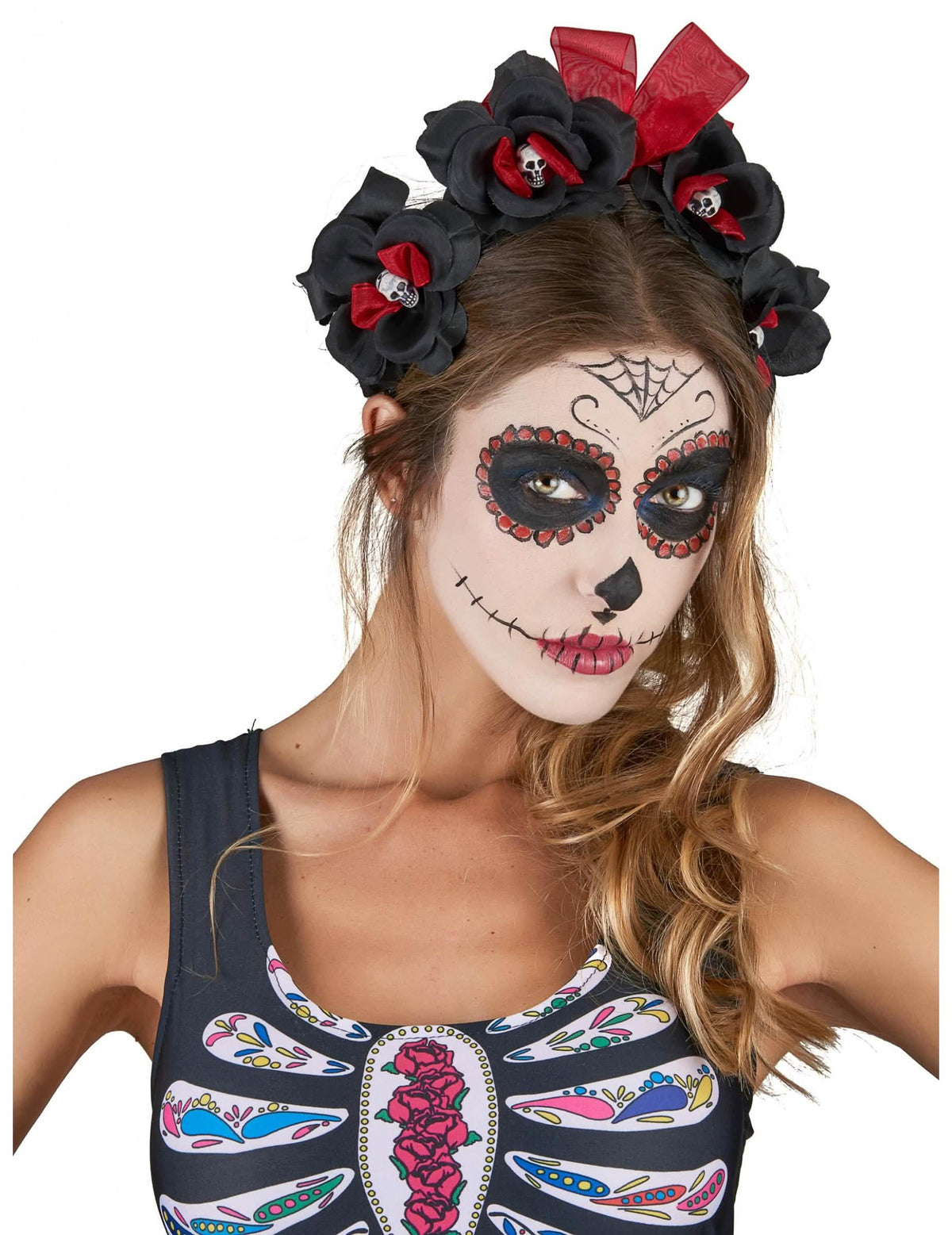 Diadeem met bloemen Dia De Los Muertos voor volwassenen zwart en rood met kleine schedeltjes
