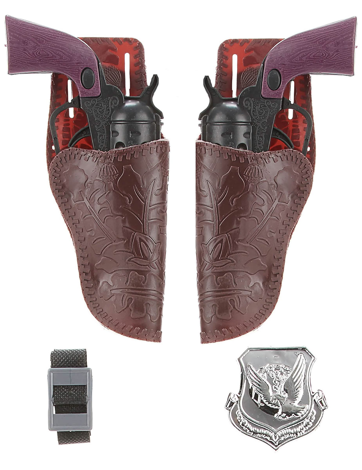 Set de 2 pistolets cow boy pour enfant avec holsters marrons et insigne de shérif