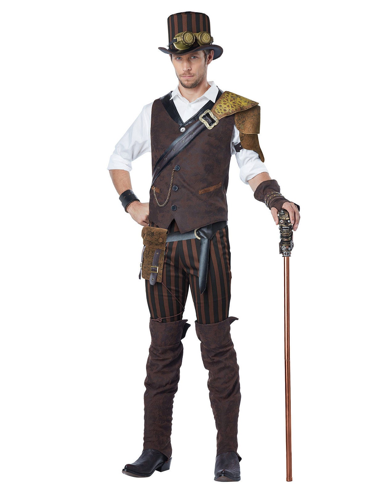 Déguisement aventurier Steampunk pour homme marron avec pantalon à rayures et chapeau