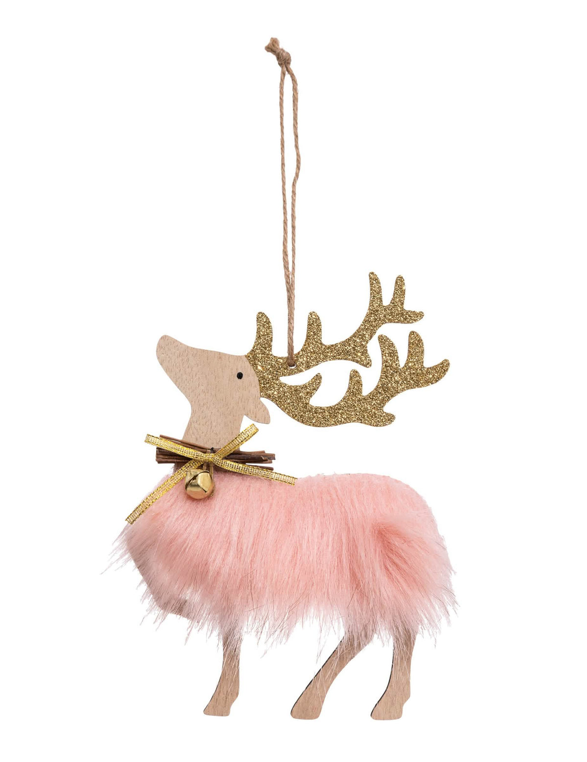 Suspension renne féérique pour décoration de Noël rose pailleté