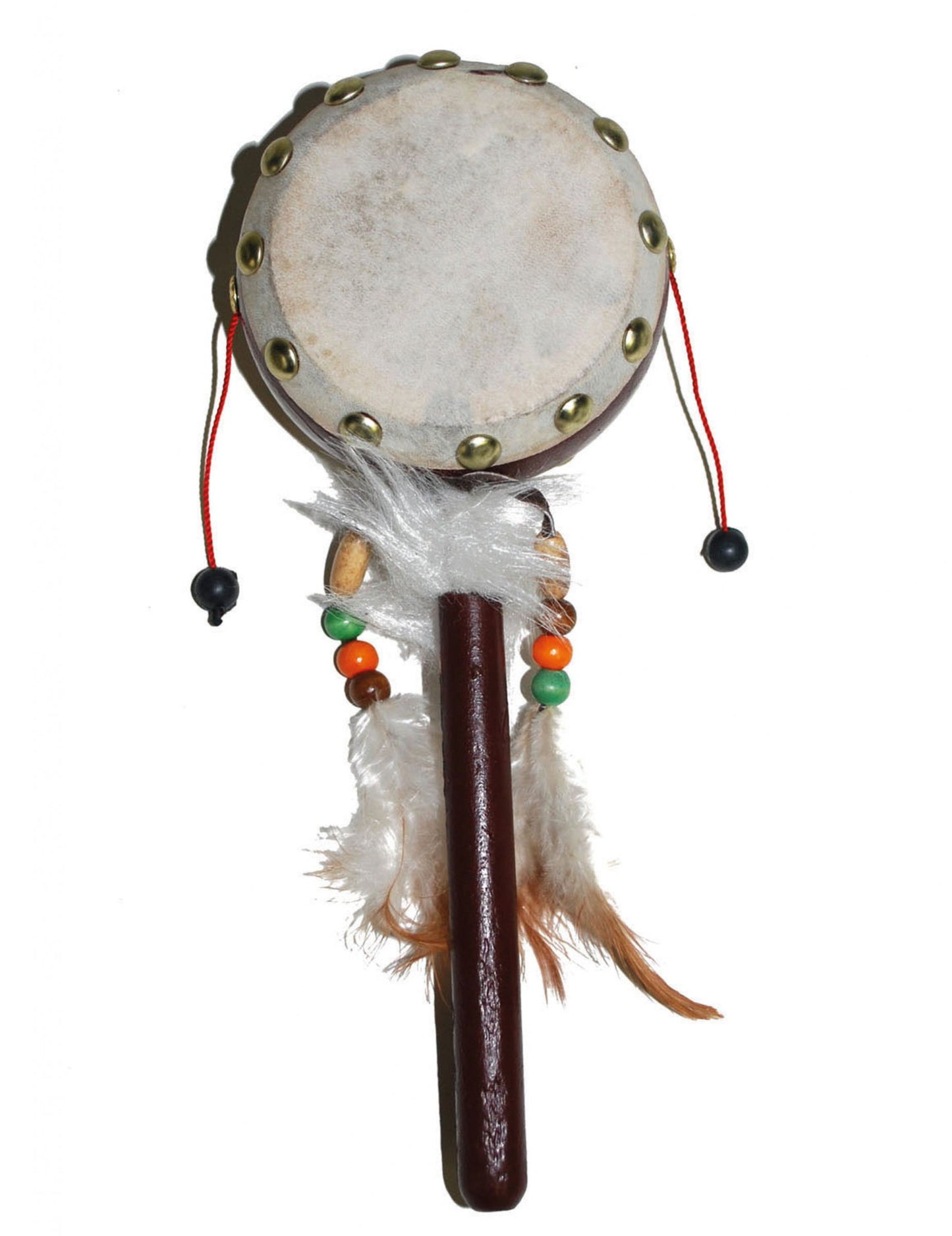 Tambourin indien pour adulte marron avec plumes et perles colorées