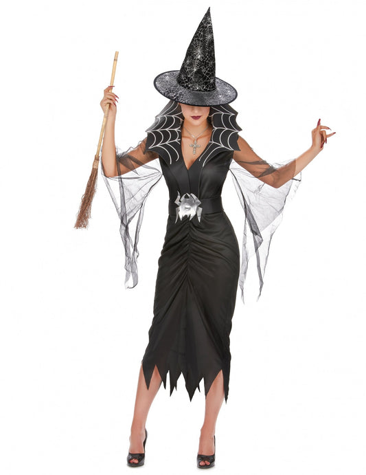 Pack déguisement sorcière araignée femme avec balai et chapeau Halloween