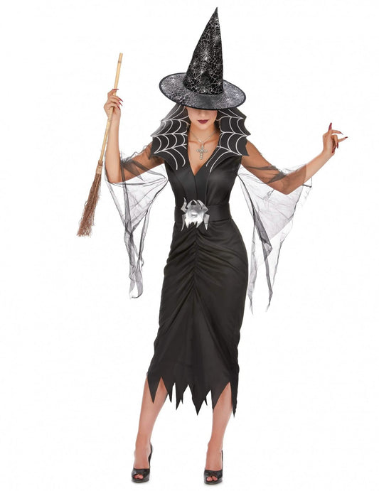 Pack déguisement sorcière araignée femme avec balai et chapeau Halloween