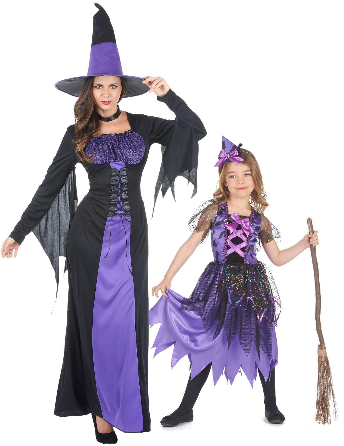 Moeder-dochter paarse heksen paar Halloween kostuum