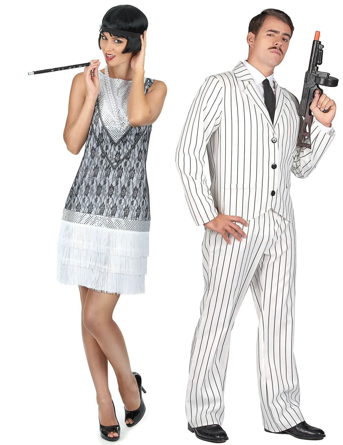 Déguisement de couple gangster blanc et charleston blanche adultes