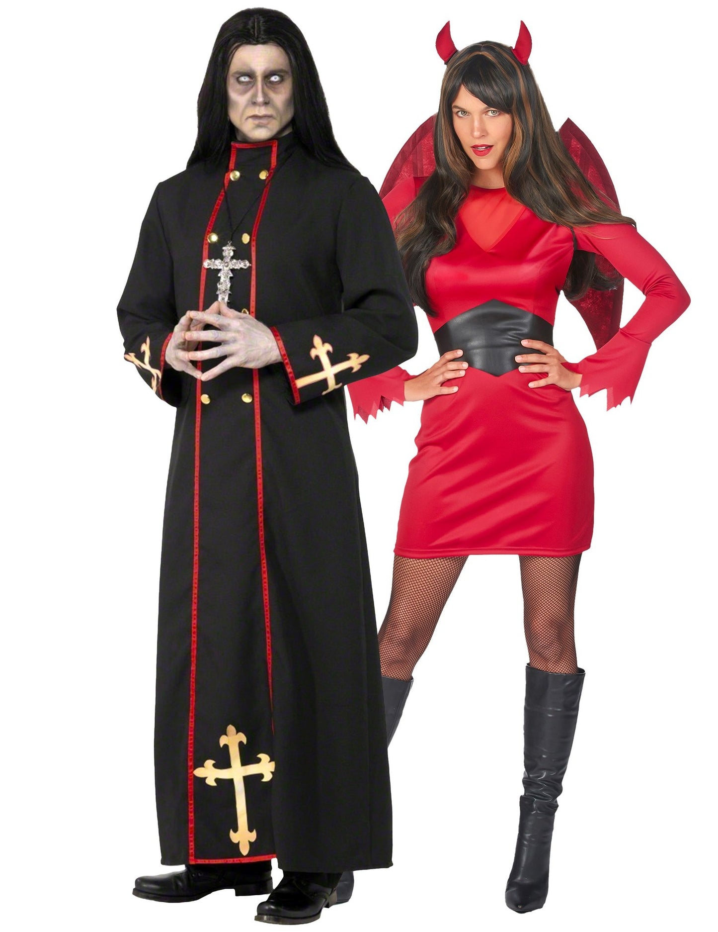 Rode en zwarte demonische duivel en monnik paar Halloween kostuum