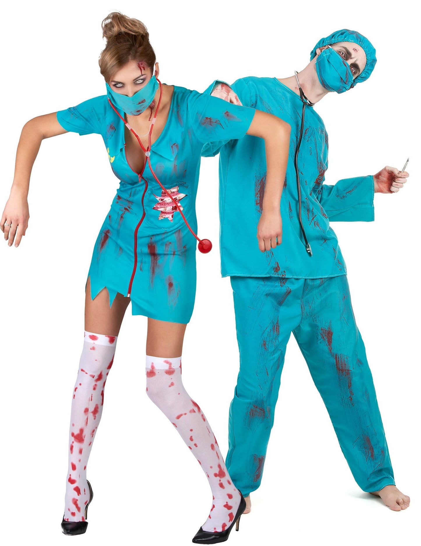 Volwassen Halloween zombieverpleegster en chirurgpaarkostuum