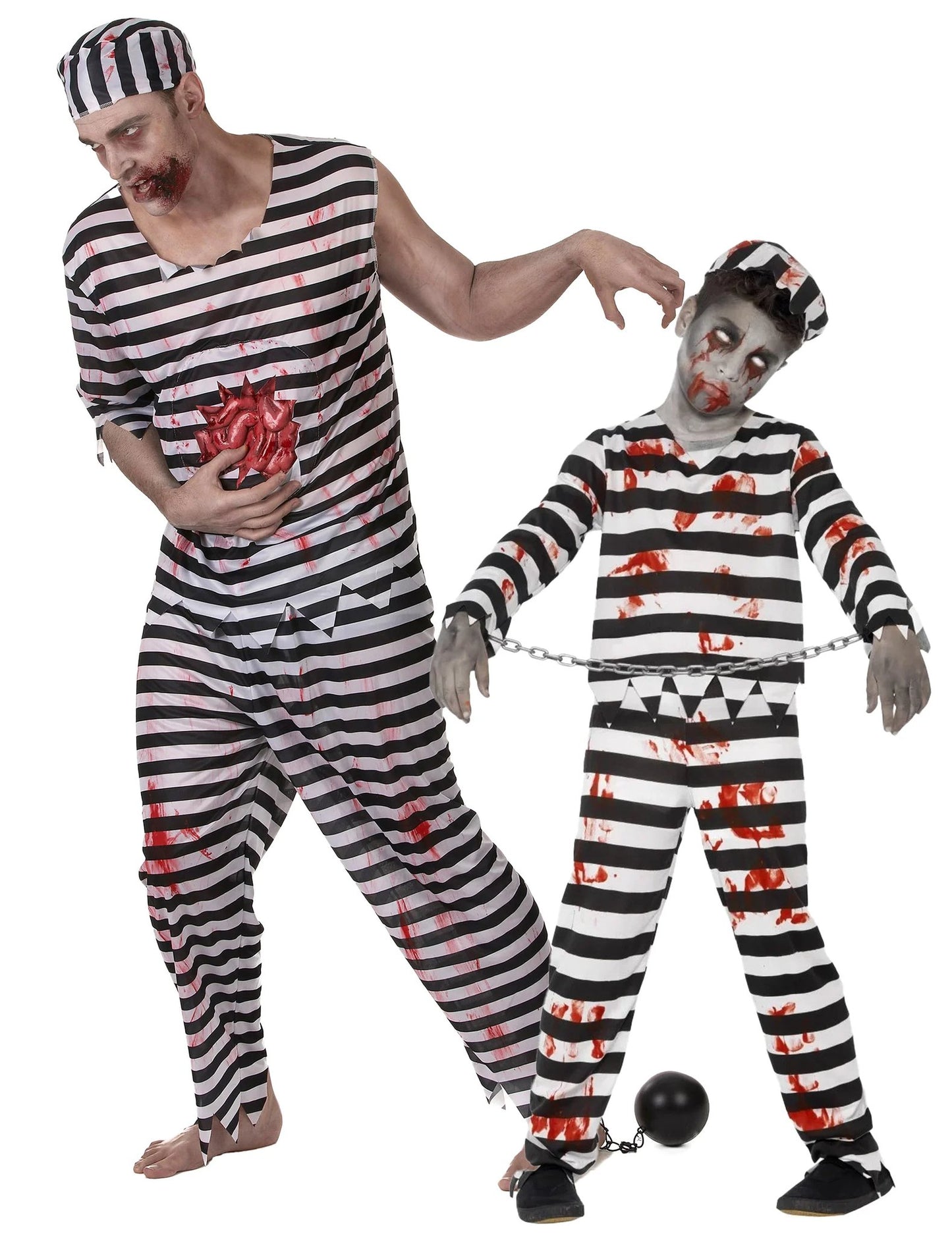 Eng zombie-gevangenispaar vader en zoon Halloweenkostuum