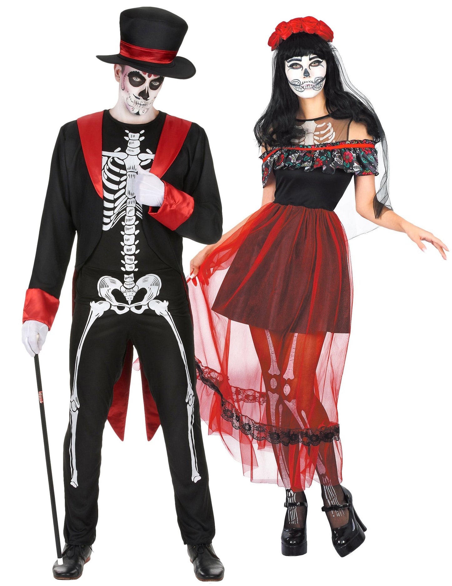 Chique dia de los muertos rood en zwart skeletpaarkostuum Halloween voor volwassenen