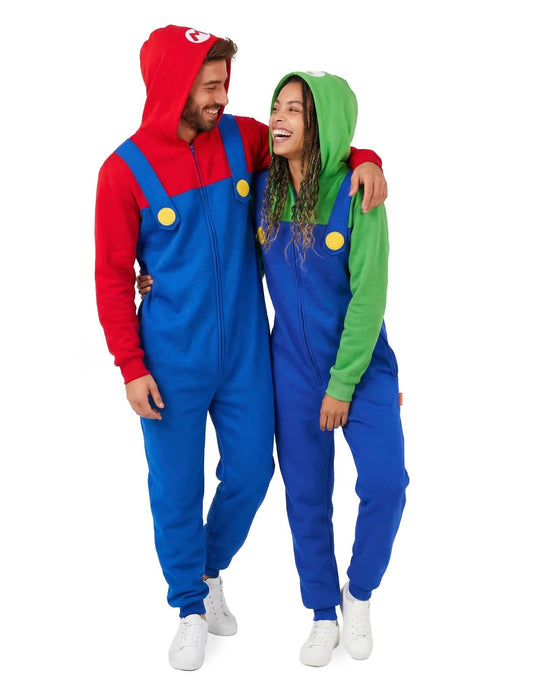 Luigi en Mario koppelkostuum jumpsuit voor volwassenen