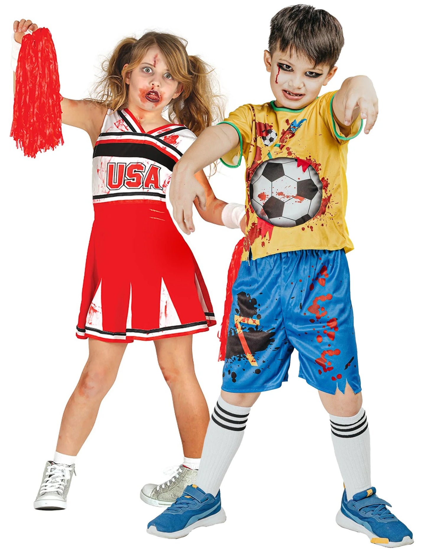 Zombie cheerleader en voetballer koppel kostuum voor kinderen