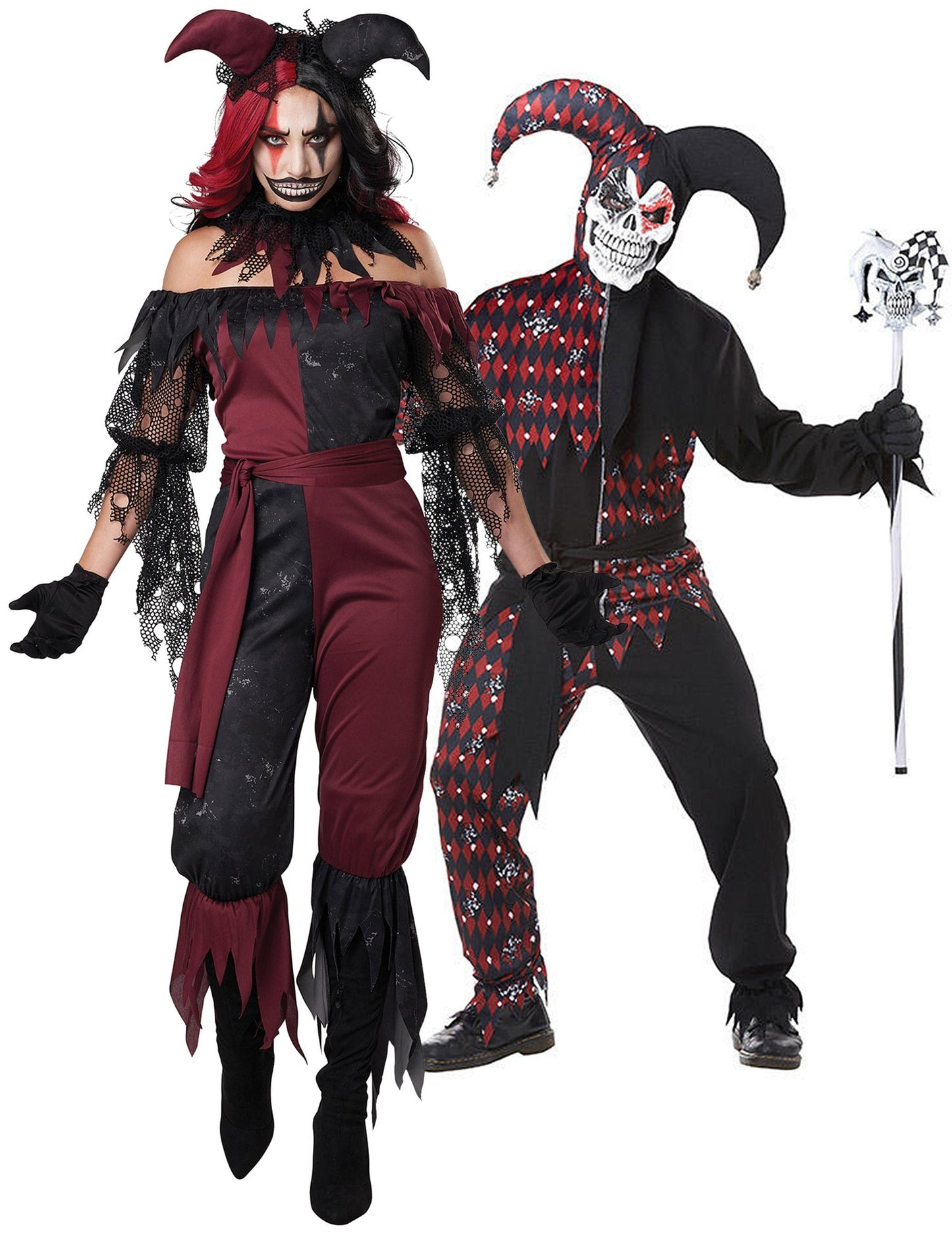 Volwassen harlekijn en joker psychopaat koppelkostuum