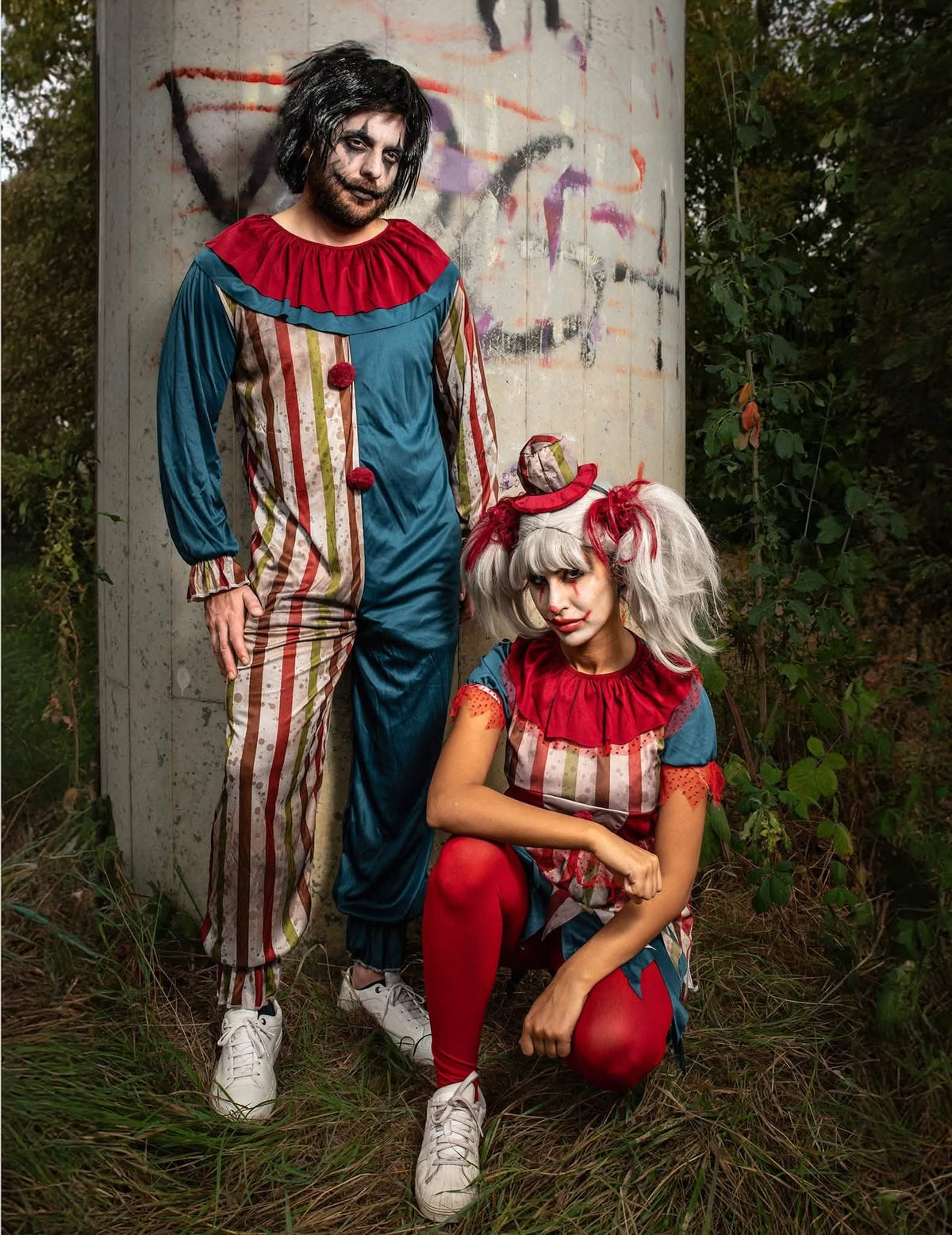 Halloween kleurrijk clownpaarkostuum