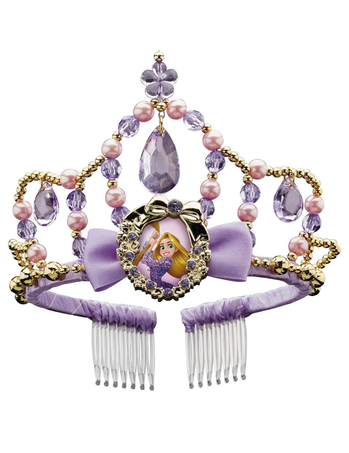 Tiare Raiponce pour fille violette et dorée avec perles roses