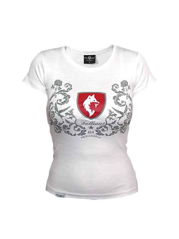 T-shirt Tollwut Faith pour femme blanc avec motif blason et loup rouge