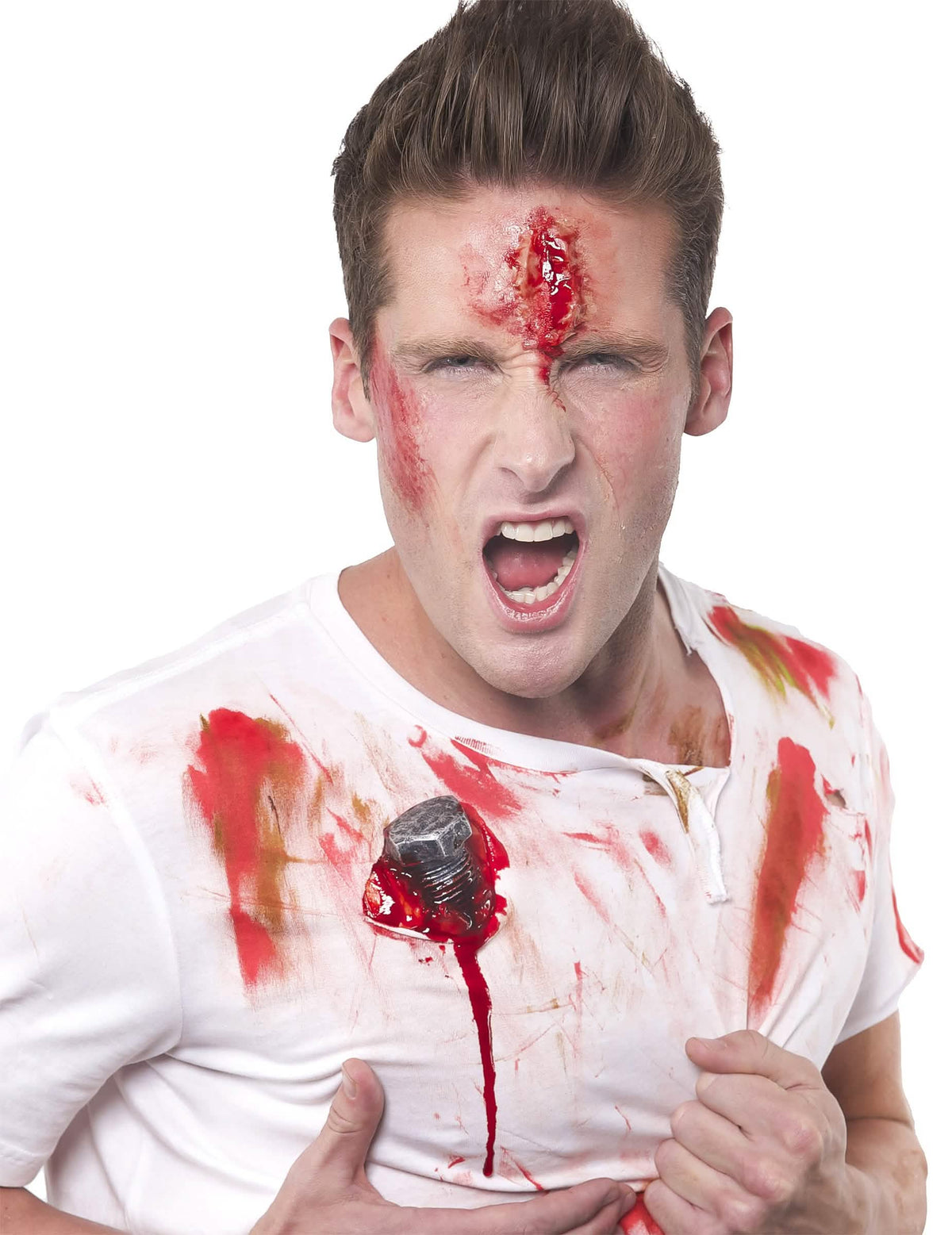 Detail van het bloedige wondeneffect van de Halloween-nepbloedtube