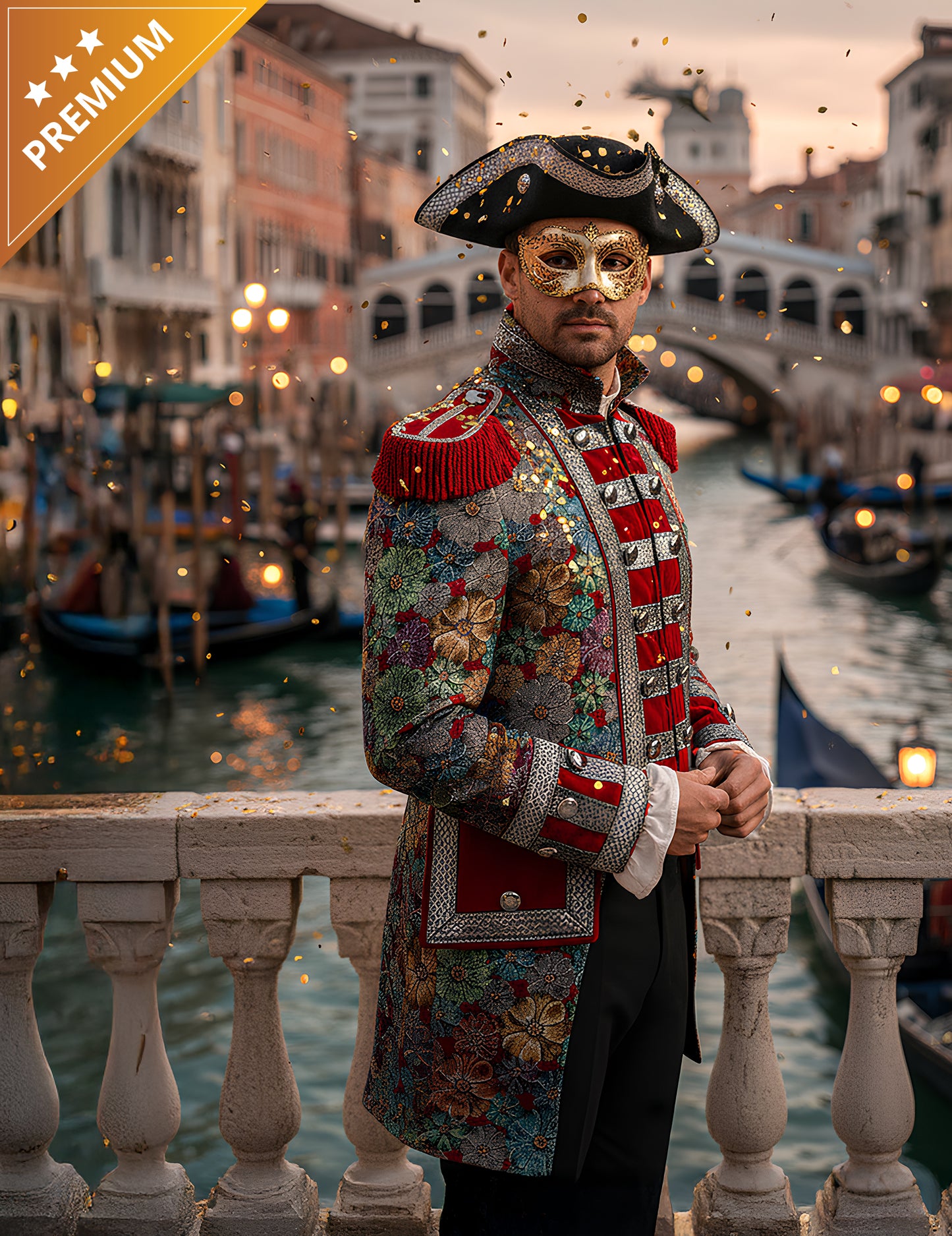 Vue avec chapeau tricorne de la veste de carnaval motif floral haut de gamme