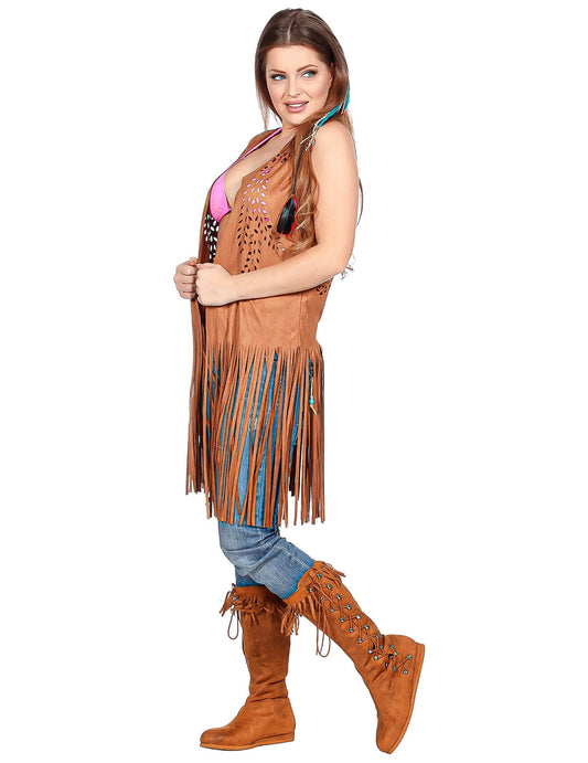 Veste longue à franges marron hippie femme