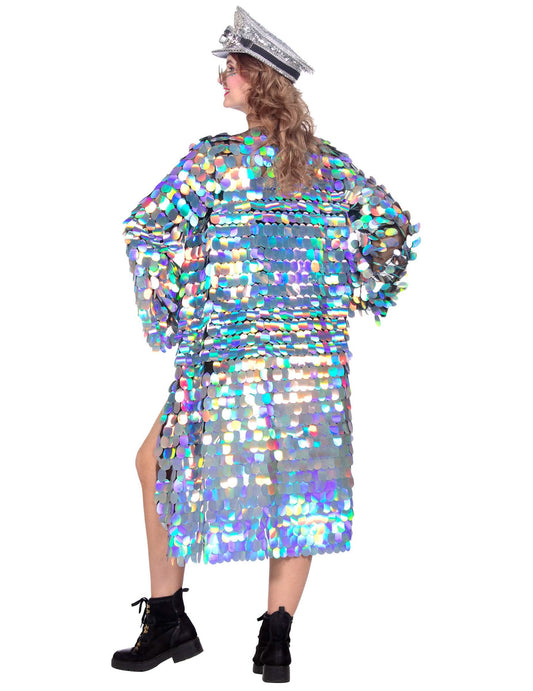 Vue de dos de la veste longue à grosses paillettes luxe pour femme