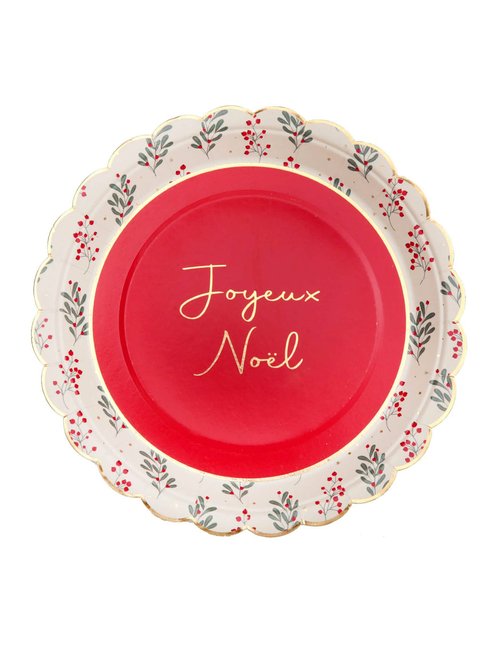 Assiettes en carton festonnées houx de Noël pour fête rouges et blanches Joyeux Noël