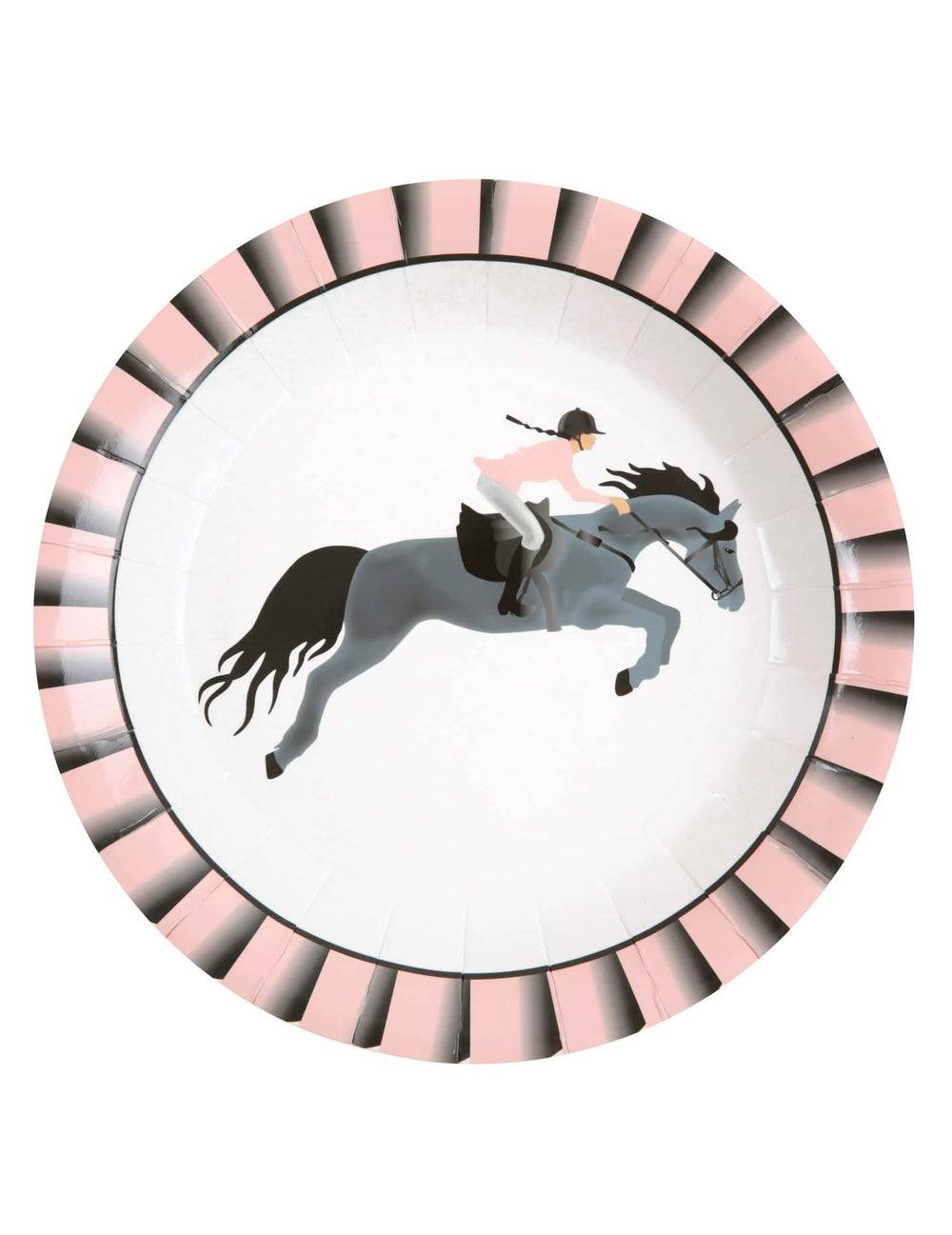 Assiettes en carton équitation pour enfant rose avec bordure rayée et motif de cheval