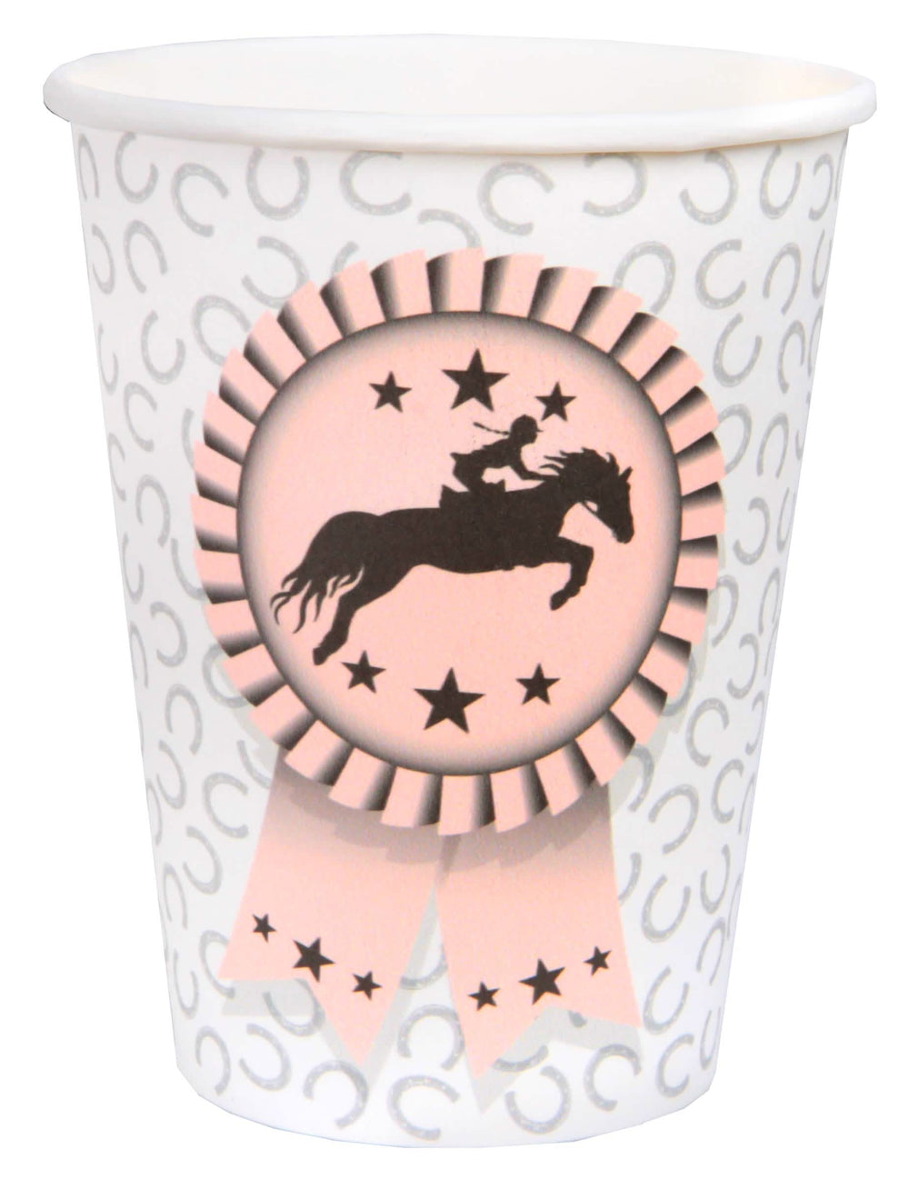 Gobelets en carton équitation motif fer à cheval blanc et rose