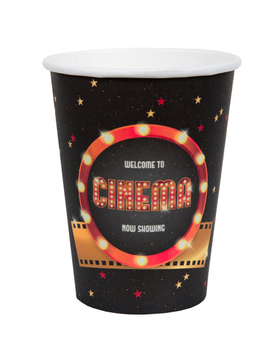 Gobelets en carton Hollywood pour fête noirs avec motif cinéma et étoiles dorées