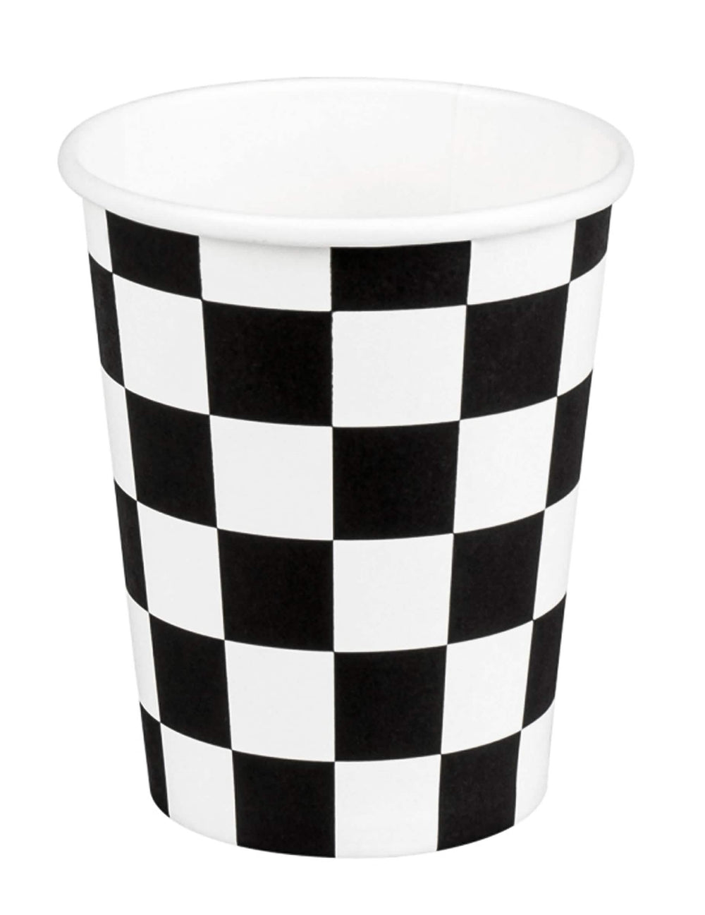 Gobelets en carton racing pour fête noir et blanc à motif damier