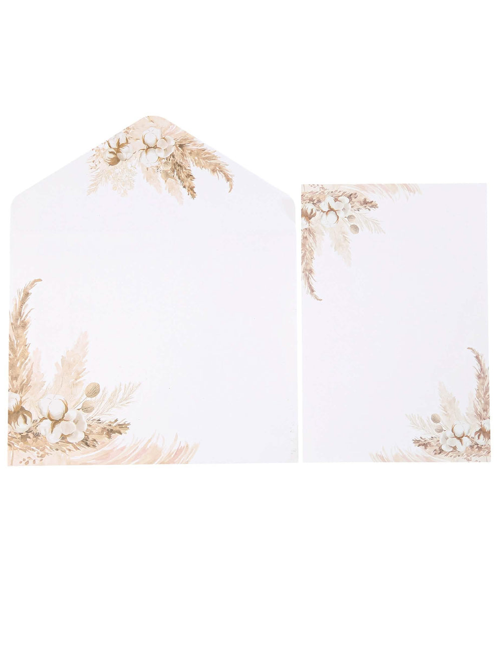Invitations avec enveloppes pampas et fleurs de coton pour fête beige et blanc