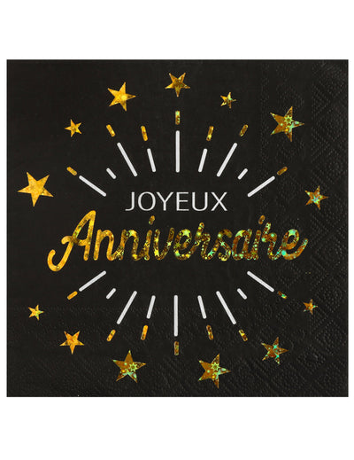 Serviettes en papier Joyeux Anniversaire pour fête noir et or avec étoiles