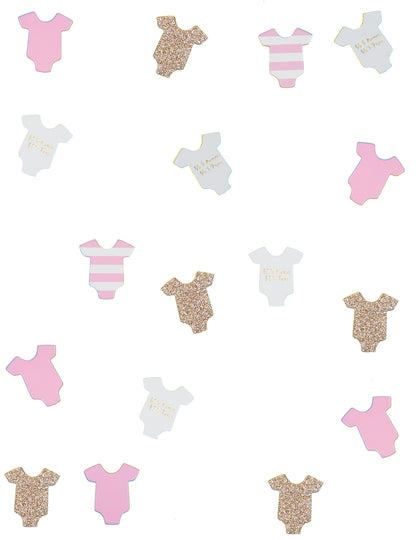 Confettis de table body bébé pour baby shower rose pailletés et rayés