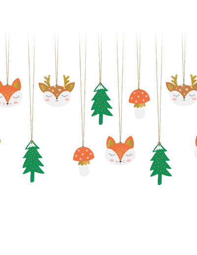 12 étiquettes en carton forêt de Noël pour décoration multicolores avec ficelle dorée