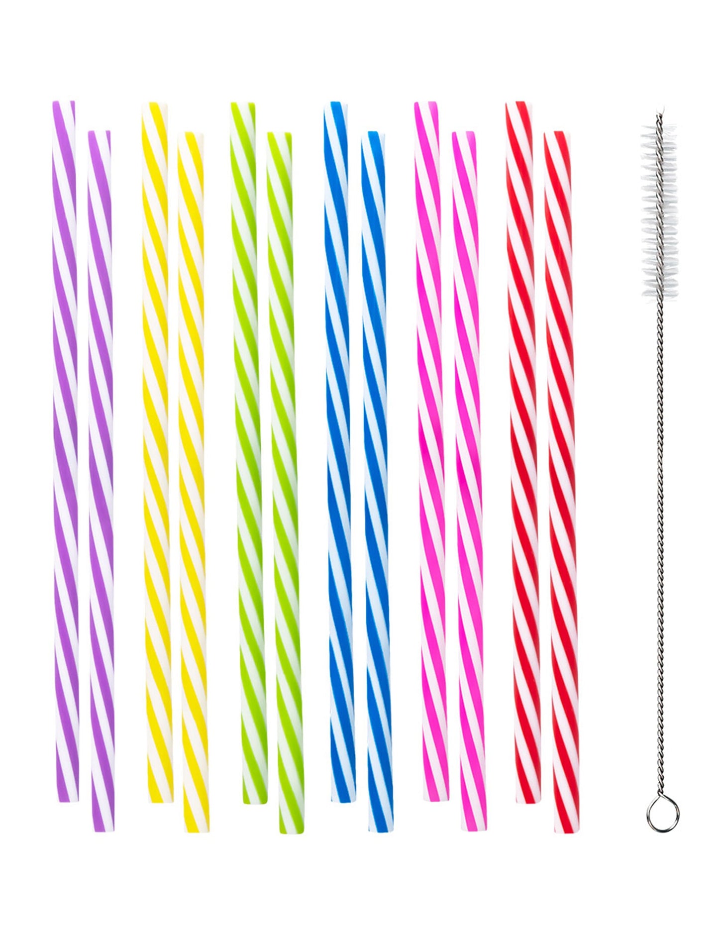 12 pailles en plastique réutilisable rayées pour fête multicolores avec goupillon de nettoyage