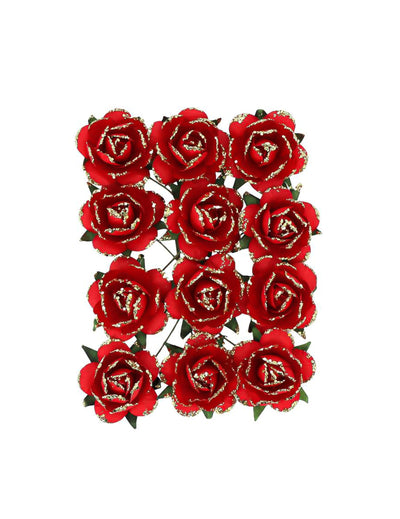 12 papieren rozen op steel rood en goud 3,5 cm
