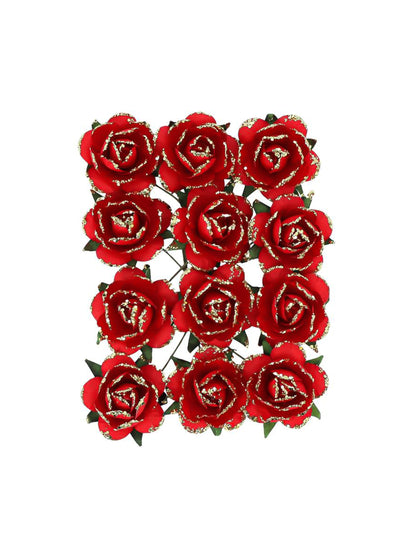 12 papieren rozen op steel rood en goud 3,5 cm
