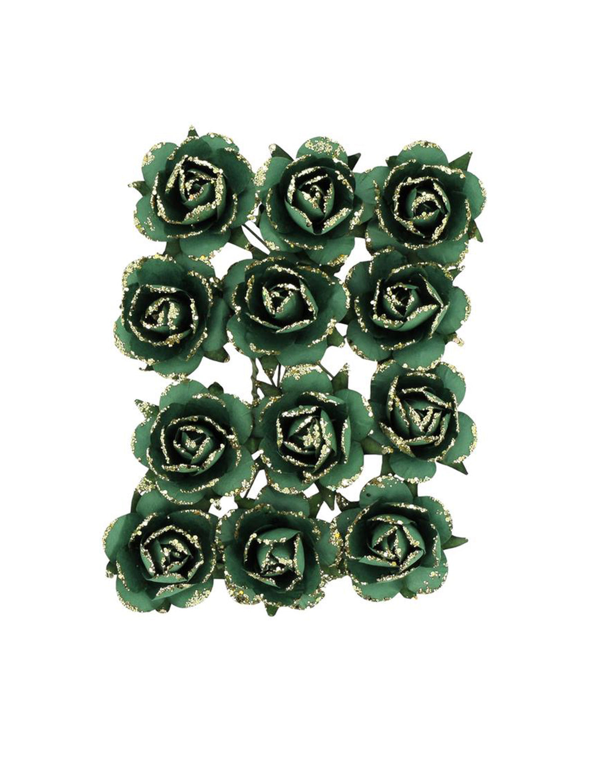 12 donkergroene en gouden papieren rozen op steel 3,5 cm