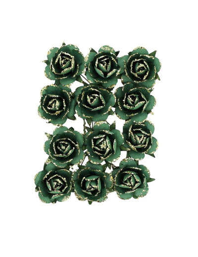12 roses en papier sur tige vert foncé et or 3,5 cm