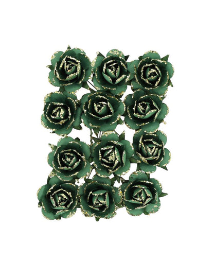 12 donkergroene en gouden papieren rozen op steel 3,5 cm