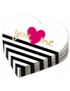 Serviettes en papier forme cœur you & me pour fête à rayures noires et blanches avec cœur rose et texte doré
