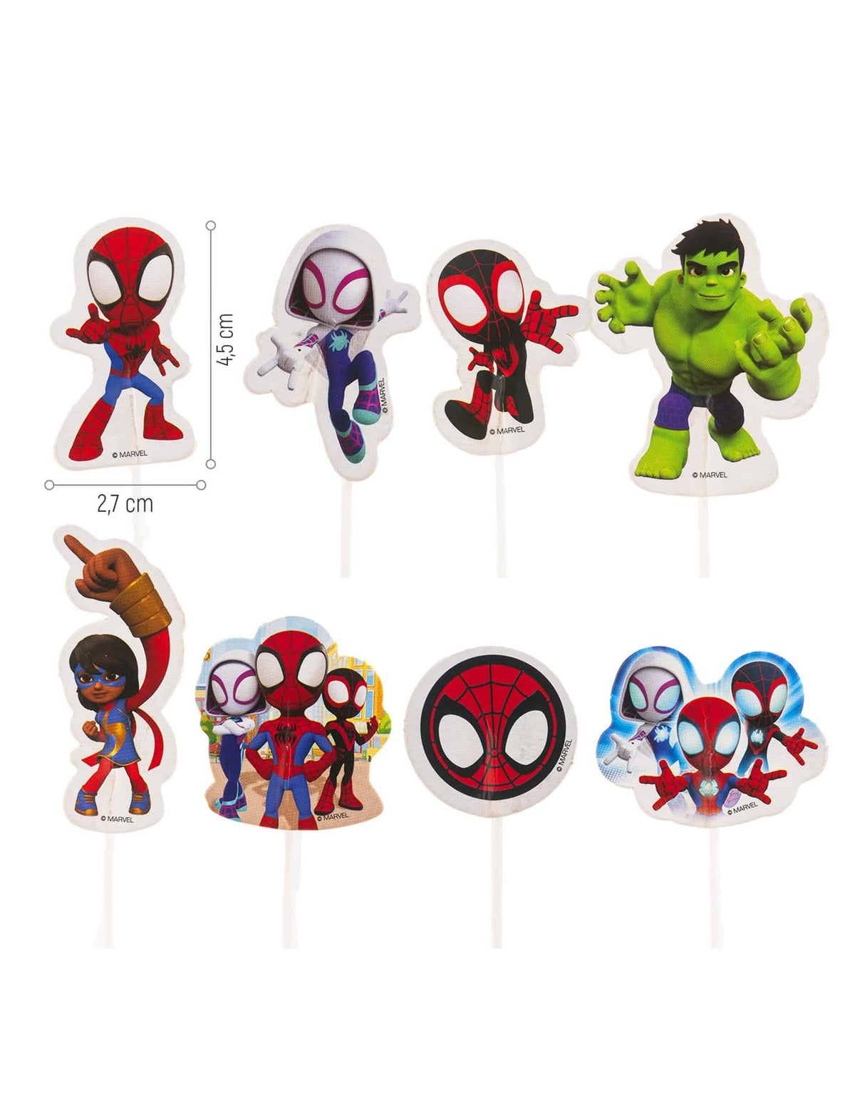 Détail des différents modèles et des dimensions des cake toppers en papier Spidey et ses amis