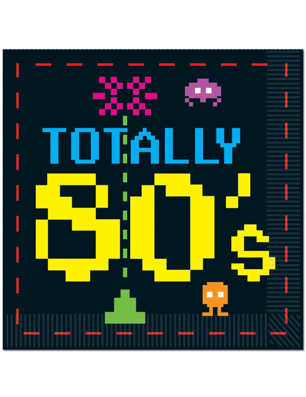 Serviettes en papier années 80 motifs jeux vidéo pour fête noires en pixel art