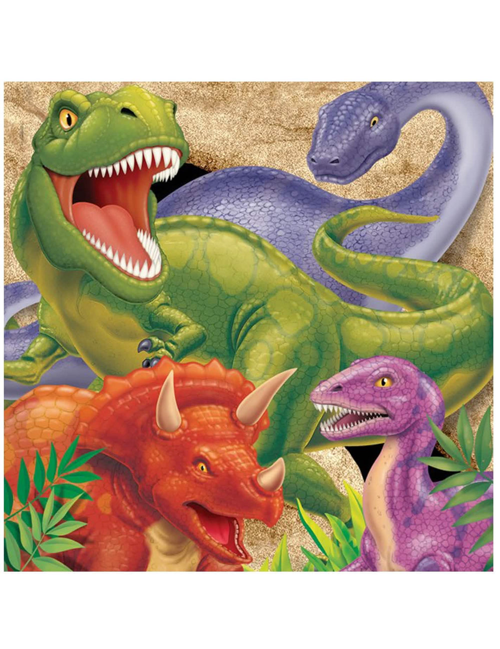 Serviettes en papier Anniversaire Dinosaures multicolores avec T-Rex et Tricératops