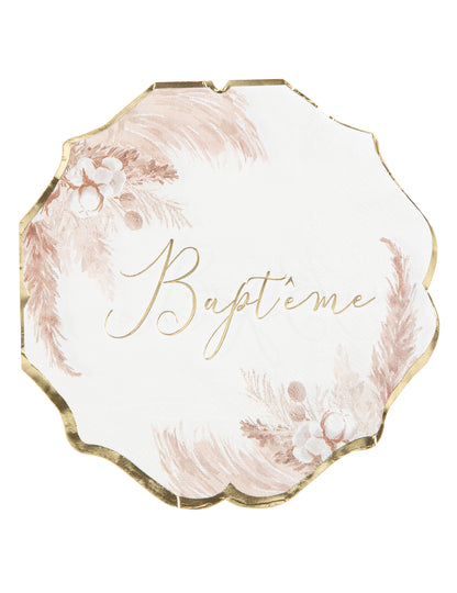 Serviettes en papier pampas et fleurs de coton pour baptême dorées