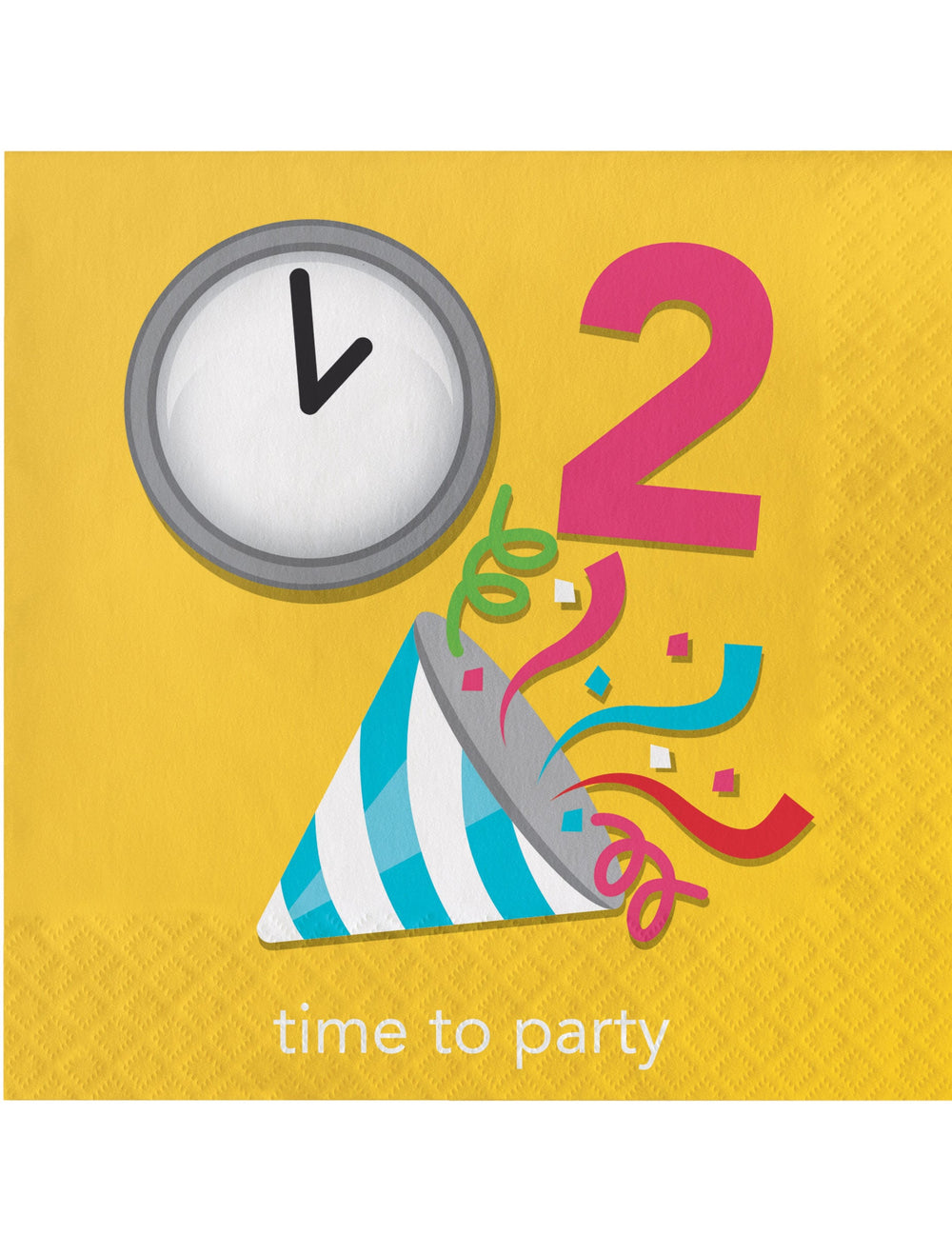 Serviettes en papier Emojions party pour anniversaire jaune avec motifs horloge et chapeau de fête
